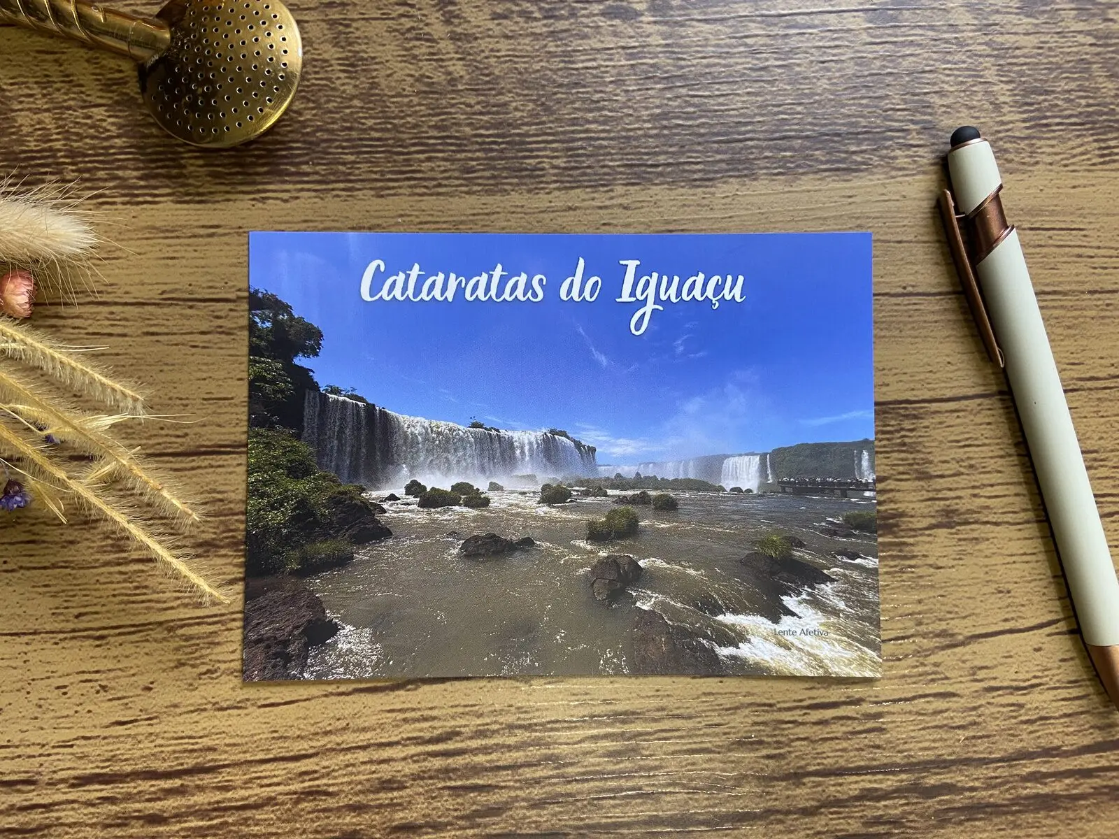 Cartão postal das Cataratas do Iguaçu com flores secas ao lado